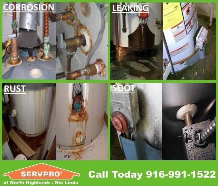 Images of the difference between corrosion, leaking, rust, and soot damage on a water heater
